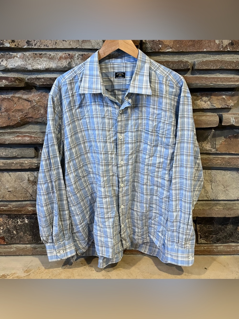 Maus & Hoffman Solemare Aosta Blue and Gray Plaid 100% Cotton Button-Up Shirt